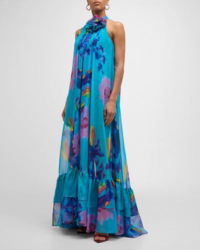 Jovani Floral-print Halter Trapeze Gown - Blue