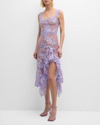 Bronx and Banco Eva Floral-Embroidered High-Low Midi Dress - Purple