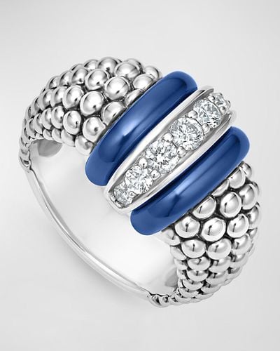 Lagos Sterling Silver Blue Caviar Ultramarine Ceramic Diamond Large 1-link Ring