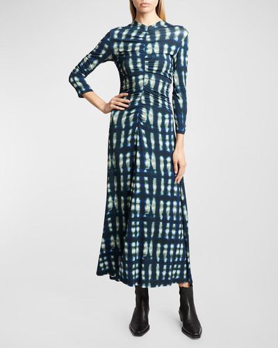 Proenza Schouler Natalee Tie-Dye Ruched A-Line Midi Dress - Blue