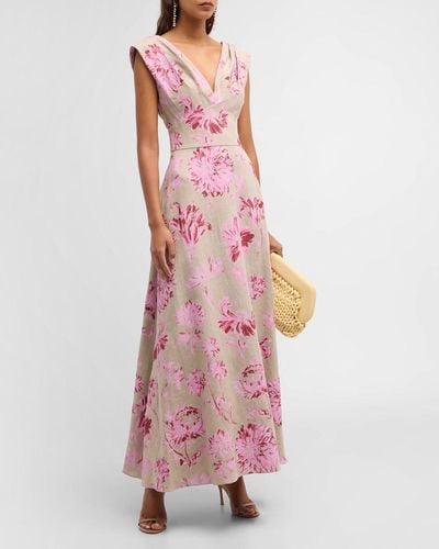 Lela Rose V-Neck Floral-Print Sleeveless Empire-Waist Maxi Dress - Pink