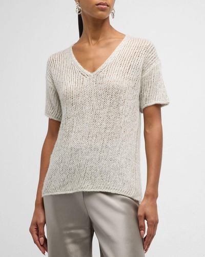 TSE V-Neck Mesh-Stitch Metallic Knit Pullover - Gray