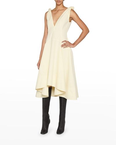 Bottega Veneta Plunging Knot-Shoulder Midi Canvas Dress - Natural