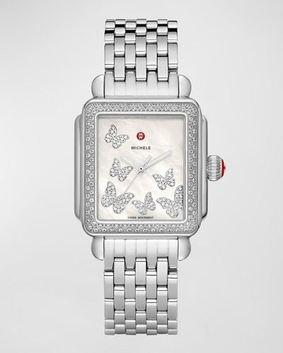 Michele 33mm Limited Edition Deco Diamond Butterfly Watch In Stainless Steel - Gray