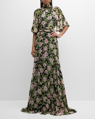 Teri Jon Turtleneck Floral-Print Chiffon Gown - Green