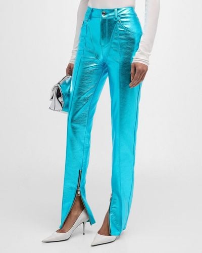 LAQUAN SMITH Metallic Leather Chap-Paneled Tapered-Leg Zip-Hem Pants - Blue