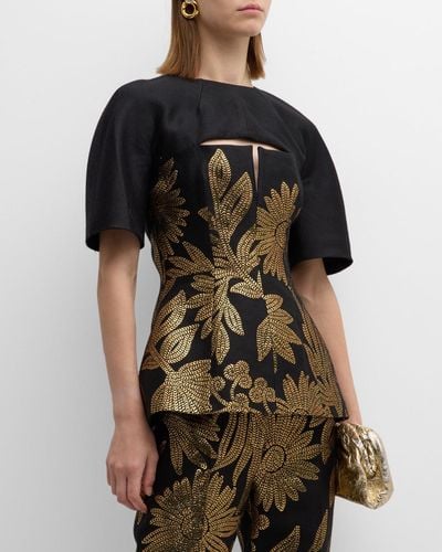 Lela Rose Floral-Embroidered Cutout Top - Black