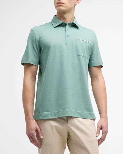 Zegna Cotton Polo Shirt With Leather-Trim Pocket - Green