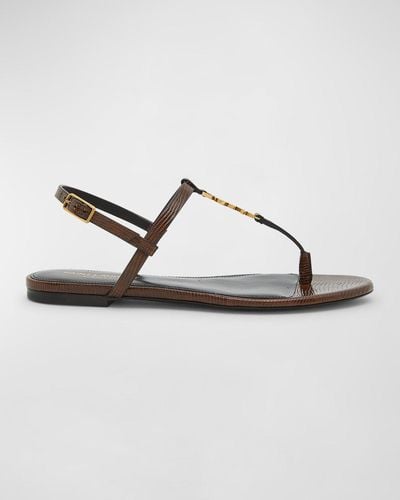 Saint Laurent Cassandra Embossed Ysl T-Strap Sandals - Metallic