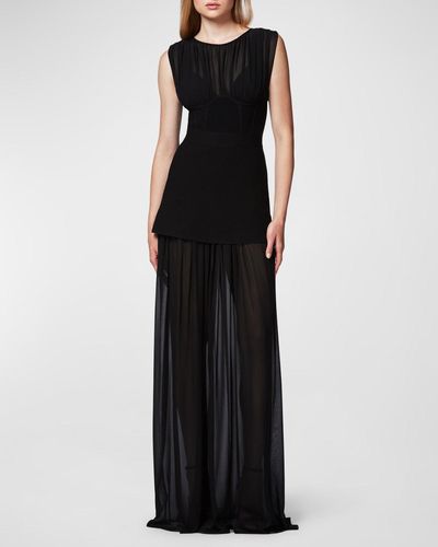 Hervé Léger Ruched Chiffon Sleeveless Milano Corset Gown - Black