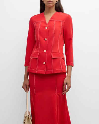 Misook Modern Contrast Stitch Button-Front Jacket - Red
