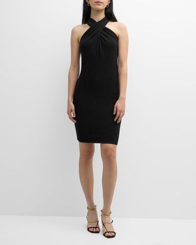 Pamella Roland Crossover Halter Metallic Jersey Mini Dress - Black
