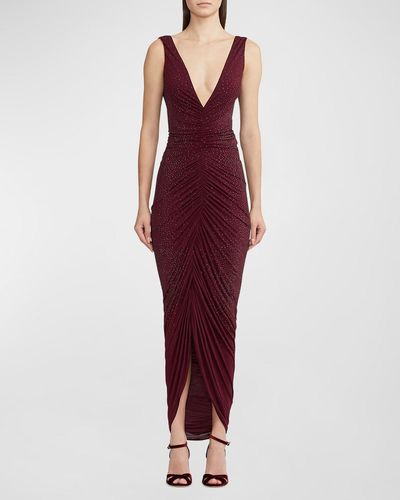 Ralph Lauren Collection Daemyn Plunging Strass Embellished Ruched Gown - Red