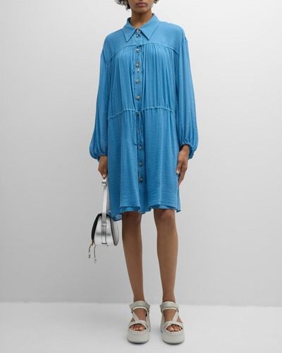 Chloé X High Summer Silk Button-Front Mini Dress With Tie Waist - Blue