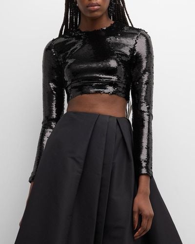 Monique Lhuillier Long-Sleeve Sequin Crop Top - Black