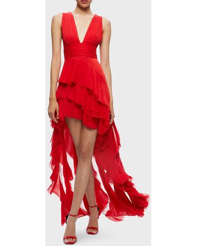 Alice + Olivia Holly Asymmetric Ruffle Dress - Red