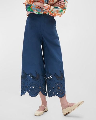 Figue Ramona Eyelet Embroidered Wide-Leg Crop Pants - Blue