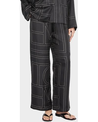 Totême Monogram-Embroidered Silk Pajama Pants - Black