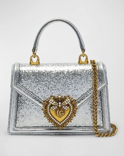 Dolce & Gabbana Devotion Mini Glitter Leather Top-Handle Bag - Gray