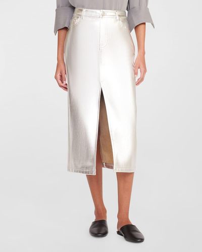 STAUD Oaklyn Metallic Denim-Style Midi Skirt - White