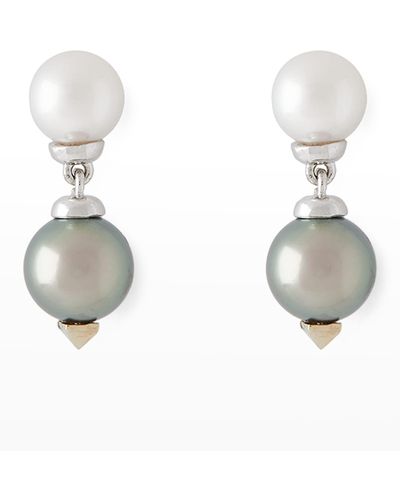 Pearls By Shari 18k White Gold 9mm Gray Tahitian Pearl And 8mm Akoya Pearl Drop Earrings