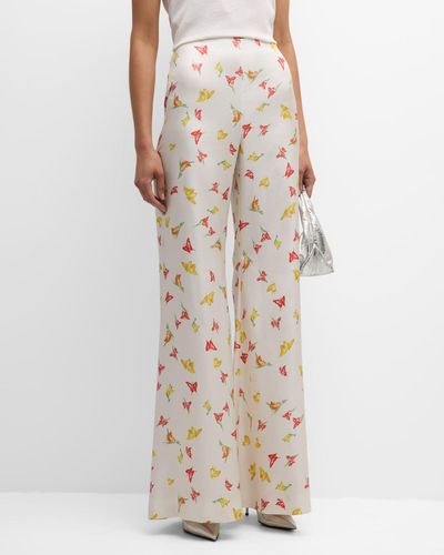 Hellessy Luc High-Rise Butterfly-Print Wide-Leg Silk Palazzo Pants - Natural