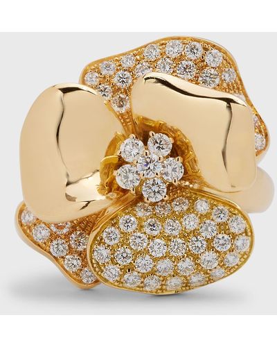 Leo Pizzo 18k Yellow Gold Half Diamond Flower Ring, Size 7 - Metallic