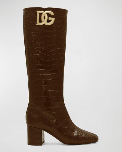 Dolce & Gabbana Dg Medallion Croco Knee Boots - Brown