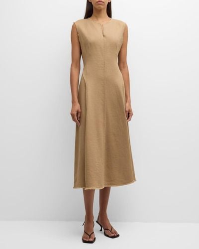 Lafayette 148 New York Sleeveless Fringe-Trim Linen Midi Dress - Natural