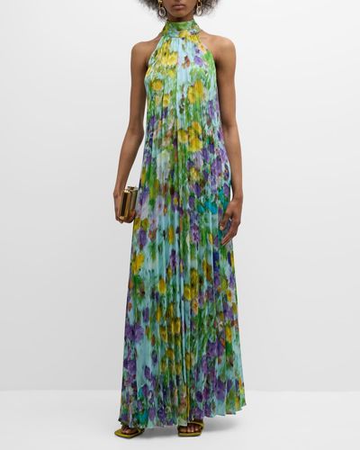 Emanuel Ungaro Pleated Floral-print Satin Halter Gown - Green