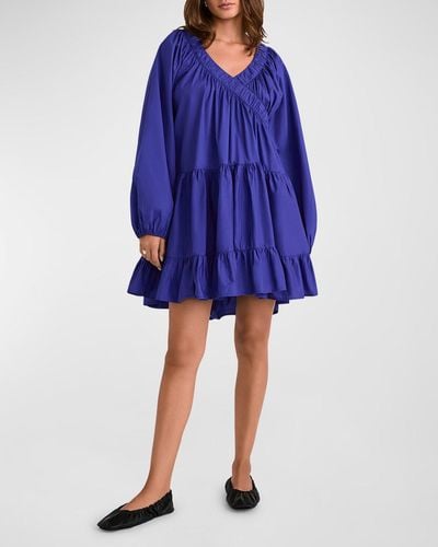 Merlette Dawn Tiered Blouson-Sleeve Poplin Mini Dress - Blue