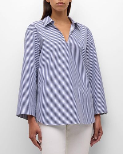Lafayette 148 New York Striped Bracelet-Sleeve Cotton Shirt - Purple