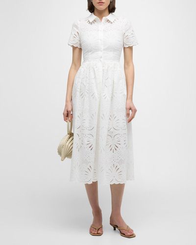 Self-Portrait Cutwork Embroidery Short-Sleeve Midi Shirtdress - White