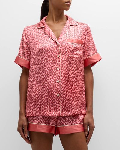 Neiman Marcus Short Printed Silk Charmeuse Pajama Set - Red