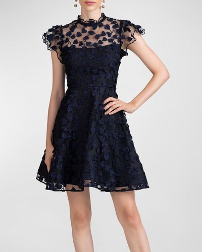 Shoshanna Heart-Embroidered Illusion Mini Dress - Blue