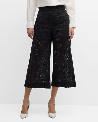 Carolina Herrera Floral Eyelet Embroidered Wide-Leg Crop Pull-On Pants - Black