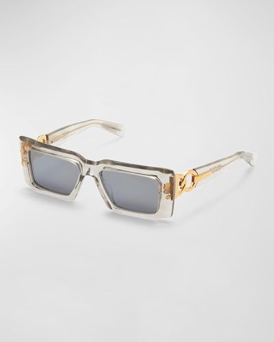 Balmain Imperial Semi-Transparent Acetate & Titanium Rectangle Sunglasses - White