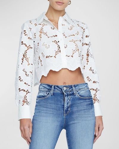 L'Agence Seychelle Floral Eyelet-Embroidered Cropped Shirt - White