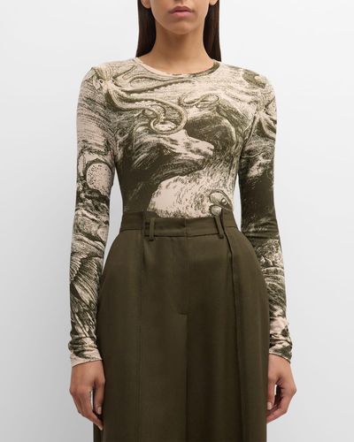 Jason Wu Oceanscape Printed Jersey Long-sleeve Top - Green