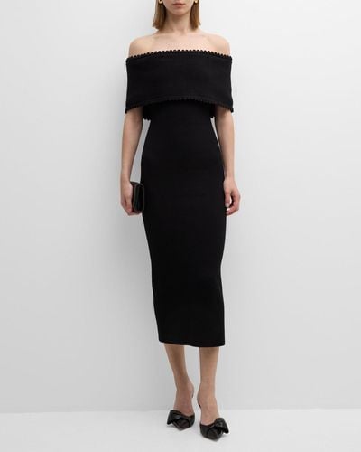 Lela Rose Off-Shoulder Midi Dress With Scalloped Trim - Black