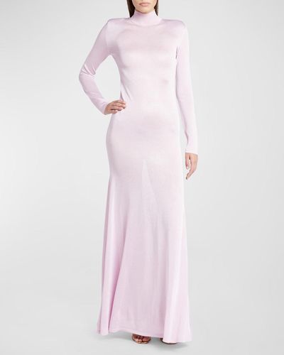 Tom Ford Turtleneck Strong-Shoulder Long-Sleeve Slinky Jersey Maxi Dress - Pink