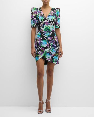 Black Halo Neyda Floral-Print Puff-Sleeve Mini Dress - Blue