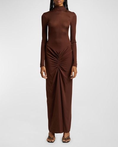 Christopher Esber Fusion Turtleneck Long-Sleeve Gathered Maxi Dress - Brown