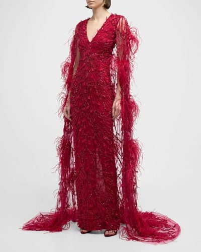 Pamella Roland Sequined Feather-Trim Cape Column Gown - Red