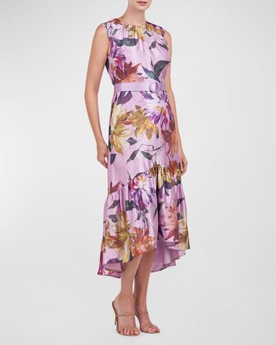 Kay Unger Beatrix Ruched Floral-Print High-Low Midi Dress - Red