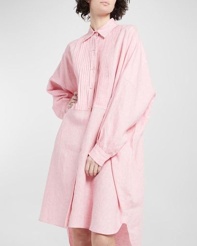 Loro Piana Linen Button-front Shirtdress With Pleated Bib - Pink