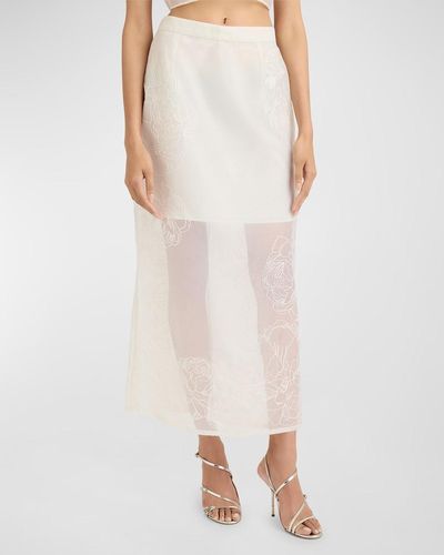 Cinq À Sept Etta Floral-Embroidered Sheer Midi Skirt - White