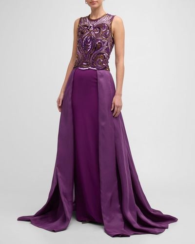Naeem Khan Sequined Sleeveless Overskirt Gown - Purple