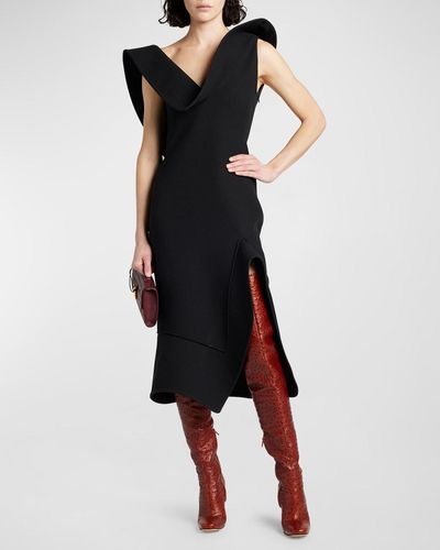 Bottega Veneta Structured Side-Slit Double Melange Midi Dress - Black