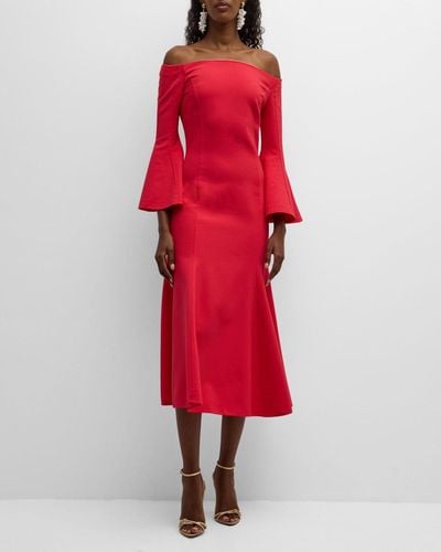 Oscar de la Renta Off-The-Shoulder Flare-Sleeve Stretch Wool Midi Dress - Red